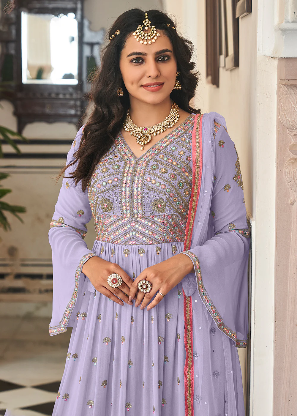 Pretty Lilac Festive Mirror Embroidered Palazzo Salwar Suit - Image 2