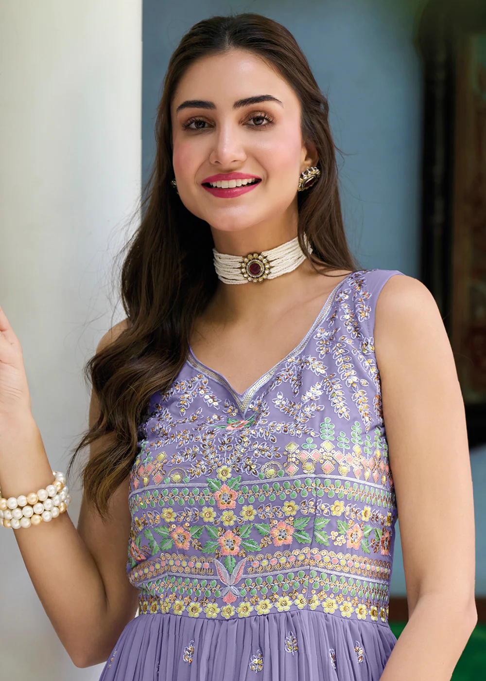 Pretty Lilac Indo-Western Embroidered Georgette Jumpsuit - Image 2