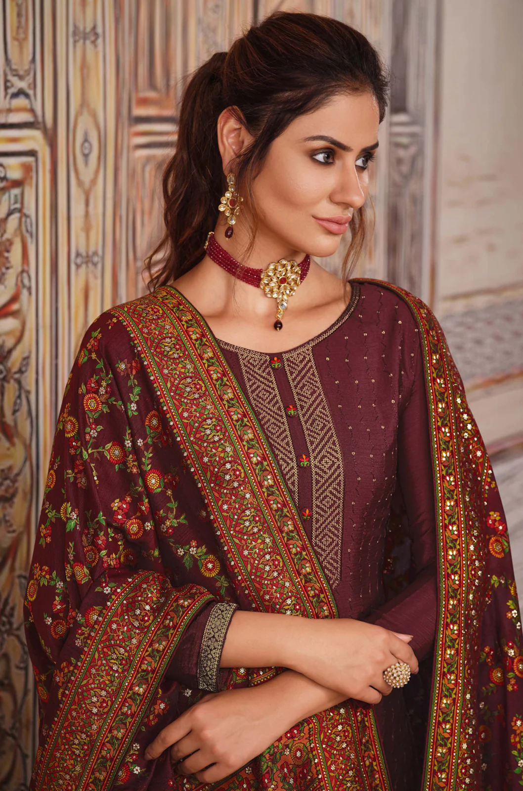 Pretty Maroon Chinnon Sequins Embroidered Pant Style Suit - Image 2