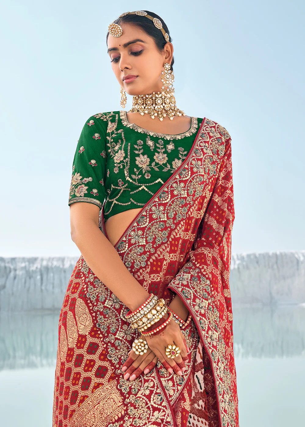 Pretty Maroon Georgette Wedding Bandhani Patola Saree - Image 2