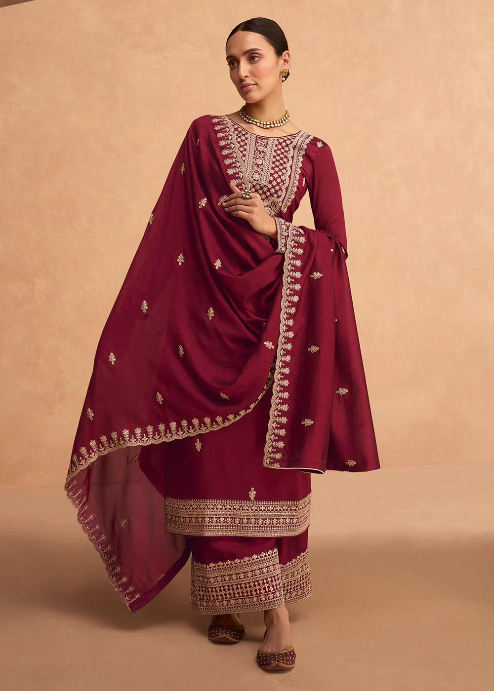 Pretty Maroon Premium Silk Embroidered Indian Palazzo Suit - Image 3
