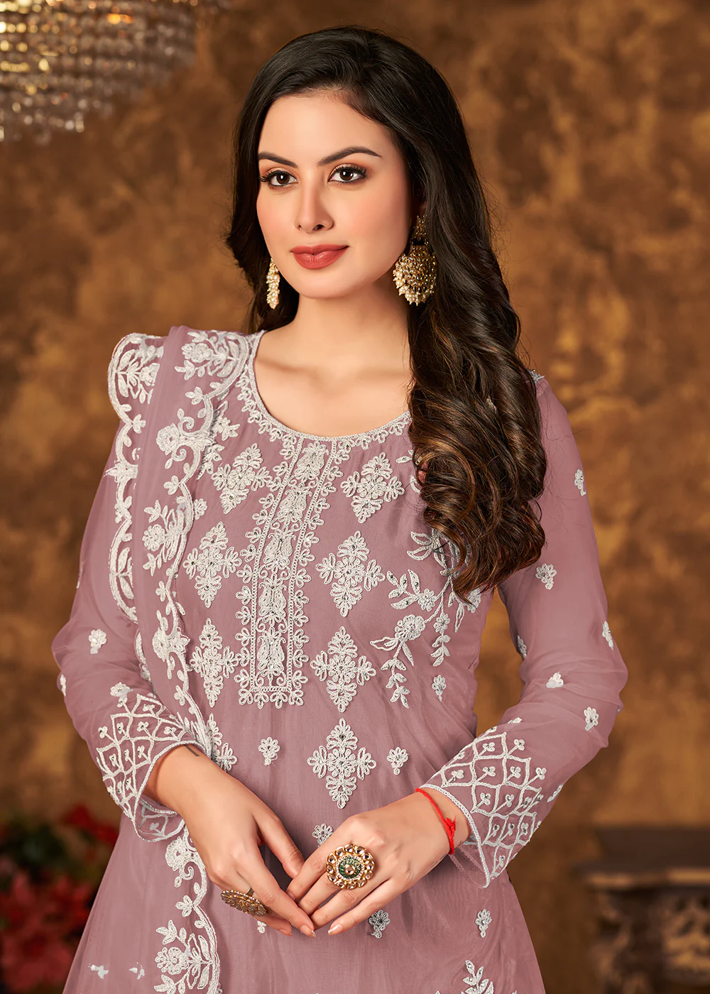 Pretty Mauve Cording Embroidered Net Palazzo Suit - Image 2
