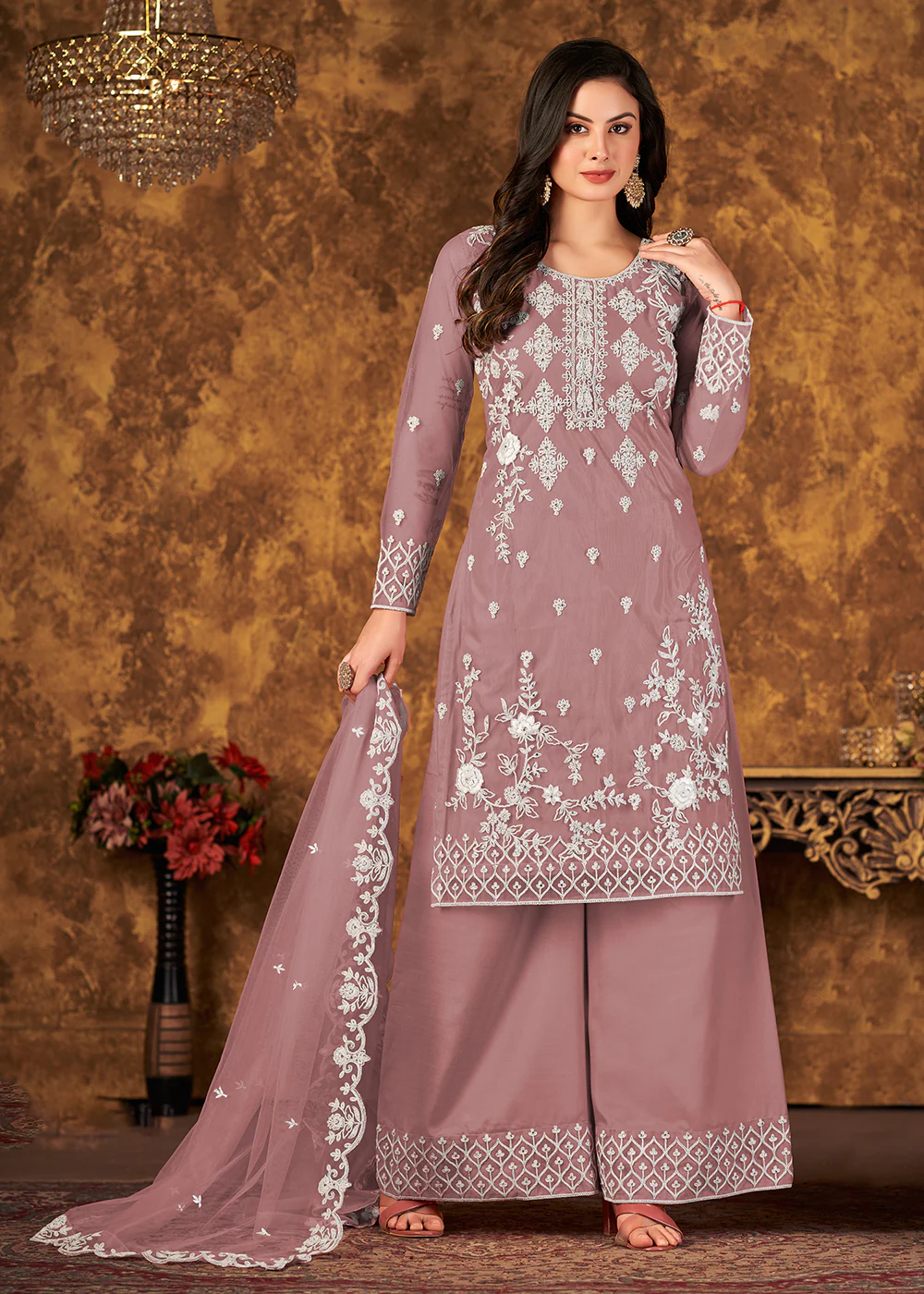 Pretty Mauve Cording Embroidered Net Palazzo Suit - Image 3