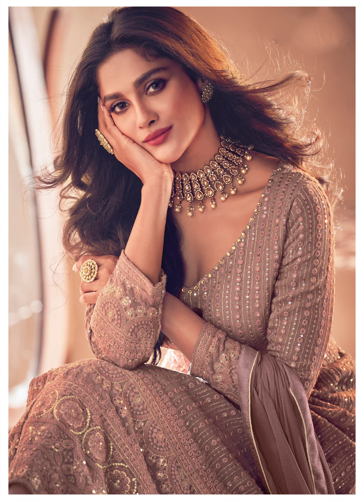 Pretty Mauve Floor Length Sequins Work Anarkali Suit - Image 2