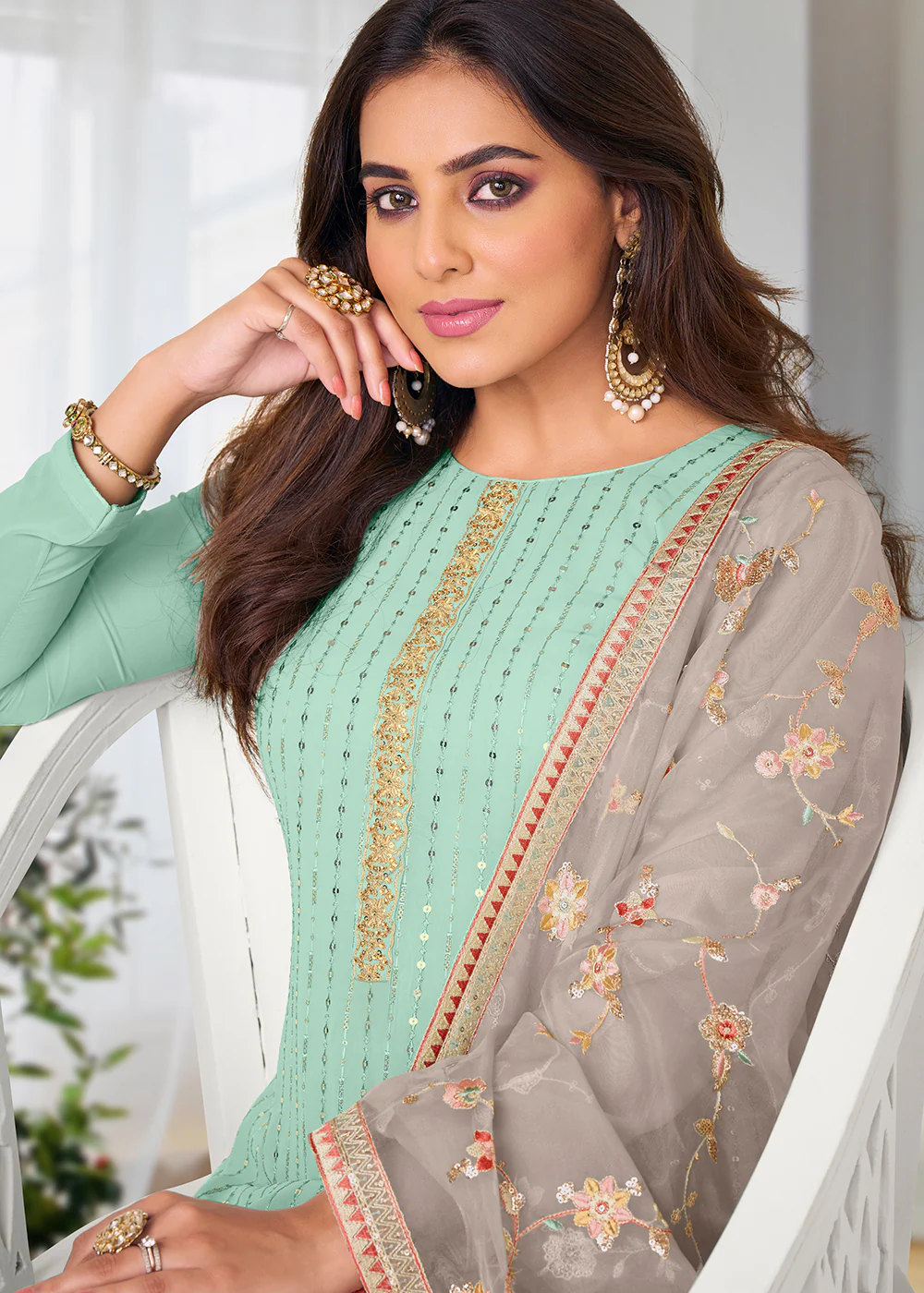 Pretty Mint Green Beautifully Embroidered Trendy Salwar Kameez - Image 2