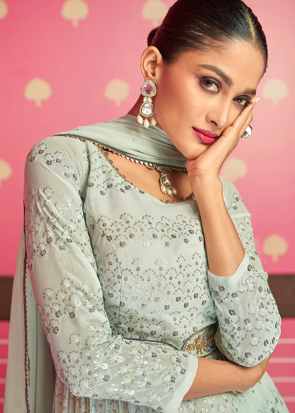 Pretty Multicolor Blue Embroidered Long Palazzo Suit - Image 2