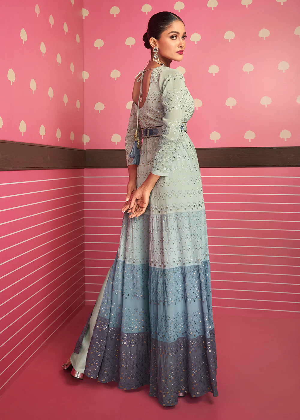Pretty Multicolor Blue Embroidered Long Palazzo Suit - Image 3