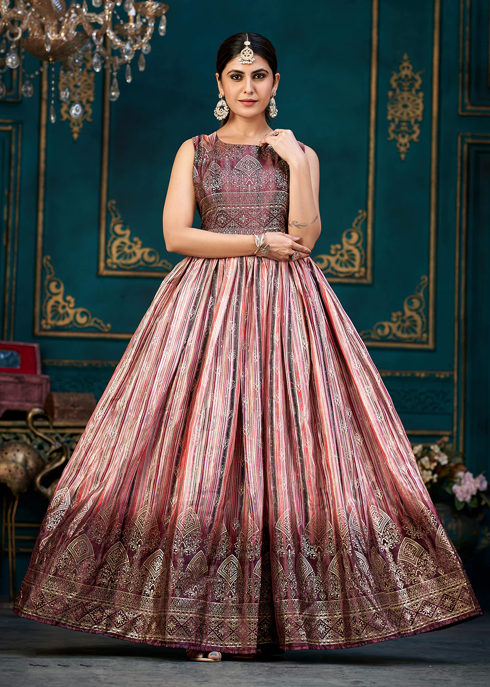 Pretty Multicolor Digital Foil Printed Ready to Wear Gown - Image 4