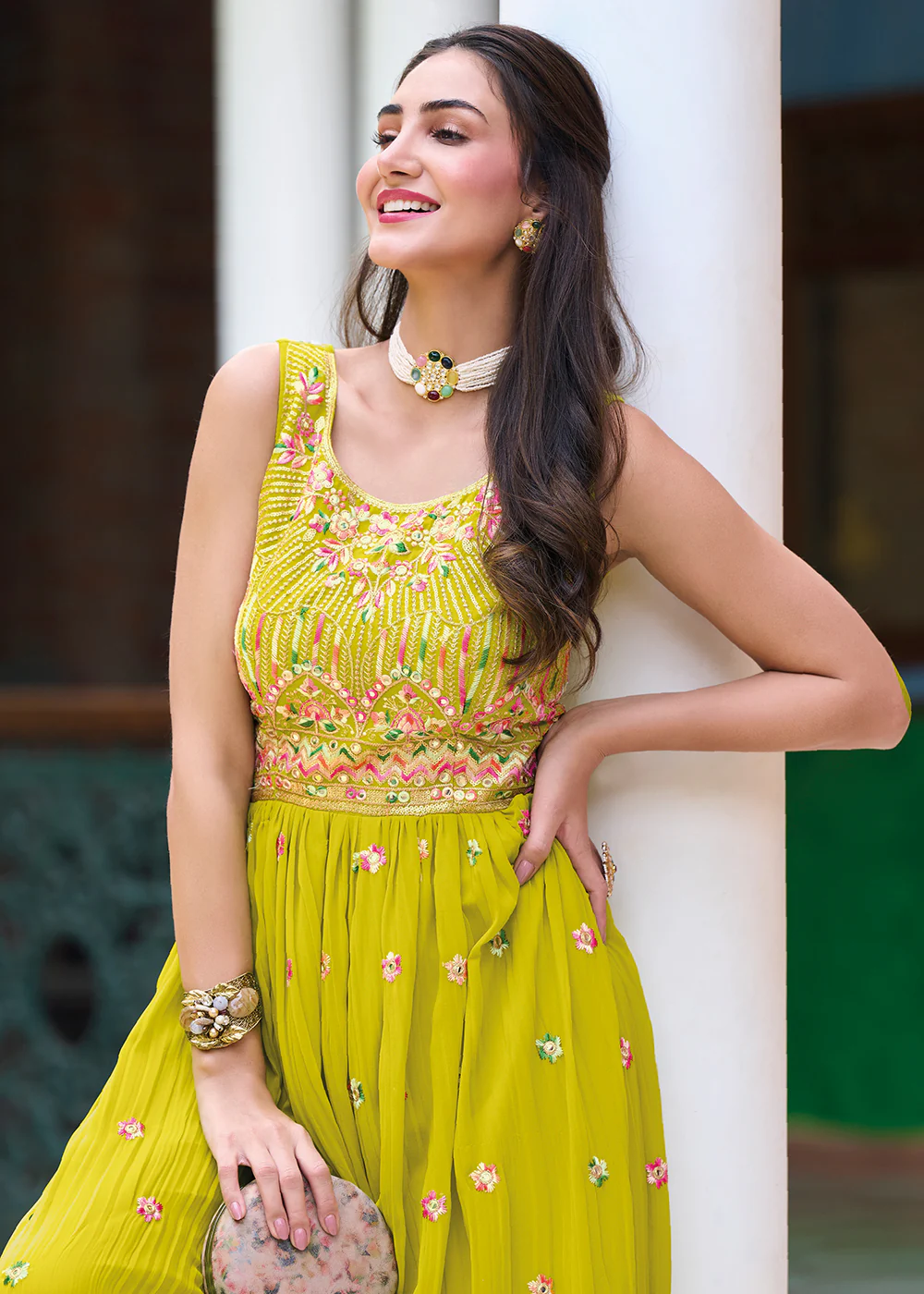 Pretty Mustard Indo-Western Embroidered Georgette Jumpsuit - Image 2