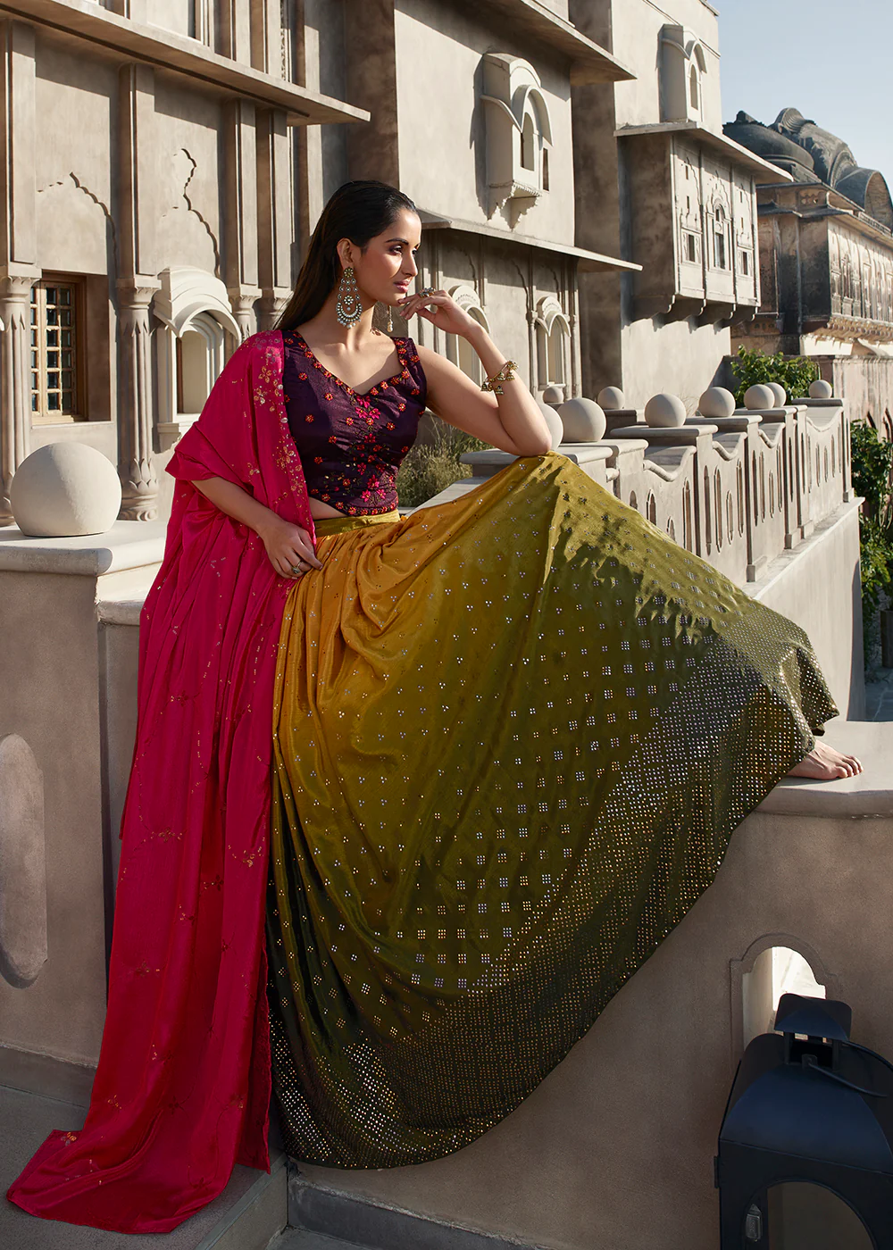 Pretty Mustard Olive Embroidered Designer Lehenga Choli - Image 3