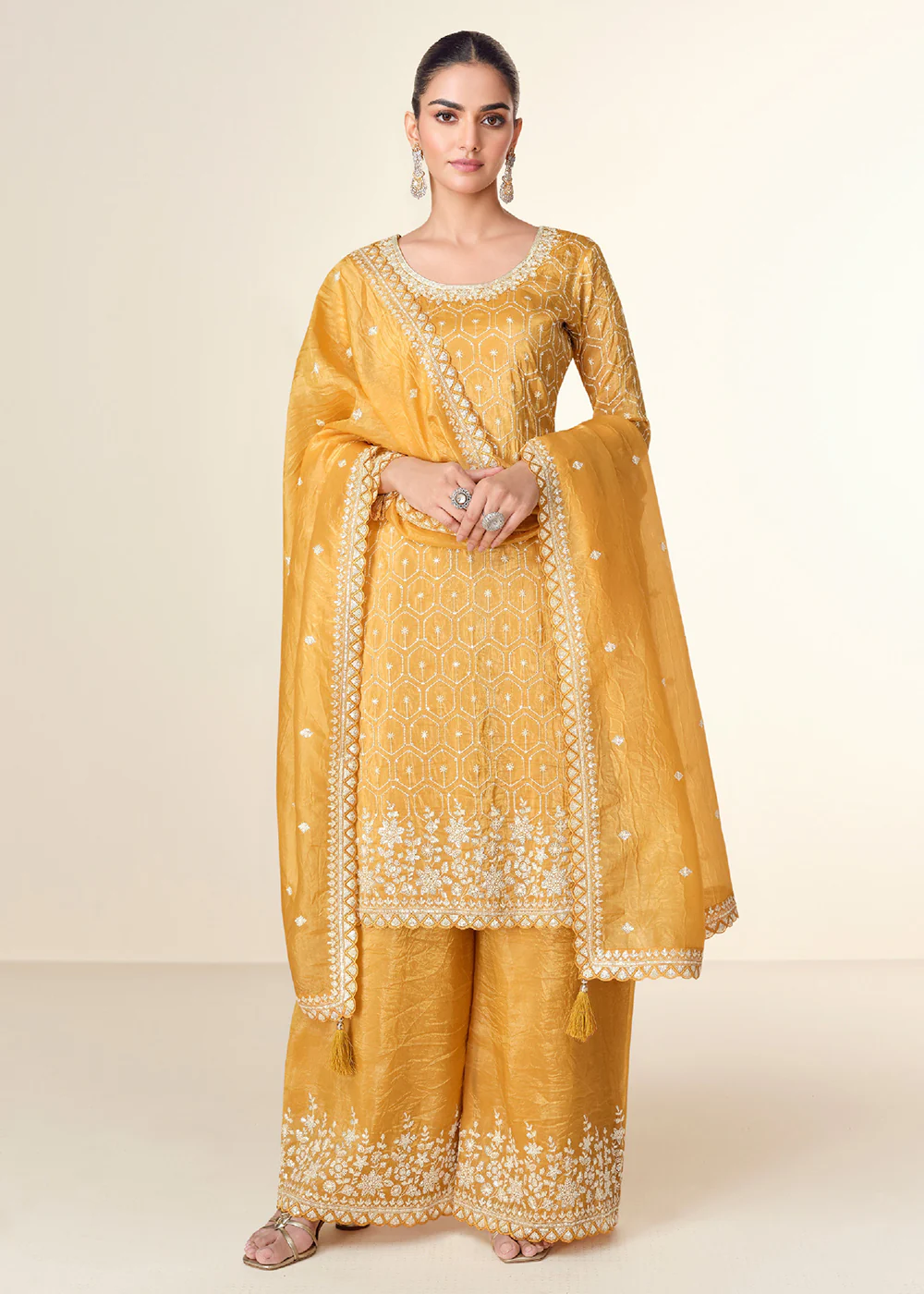 Pretty Mustard Tissue Crush Embroidered Palazzo Suit