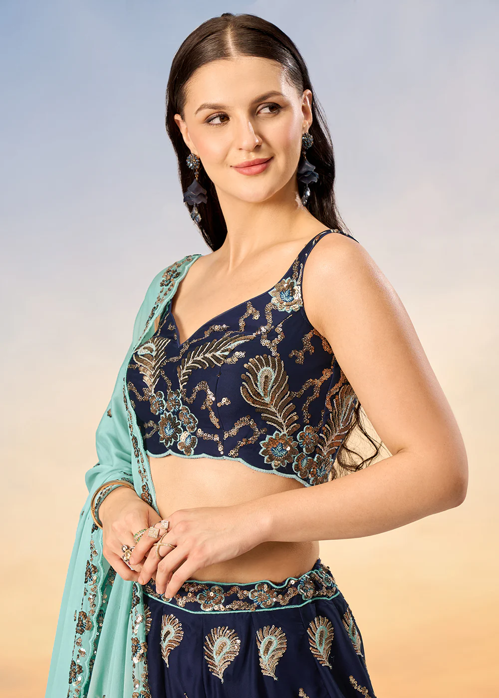 Pretty Navy Blue Sequins Embroidered Designer Lehenga Choli - Image 2