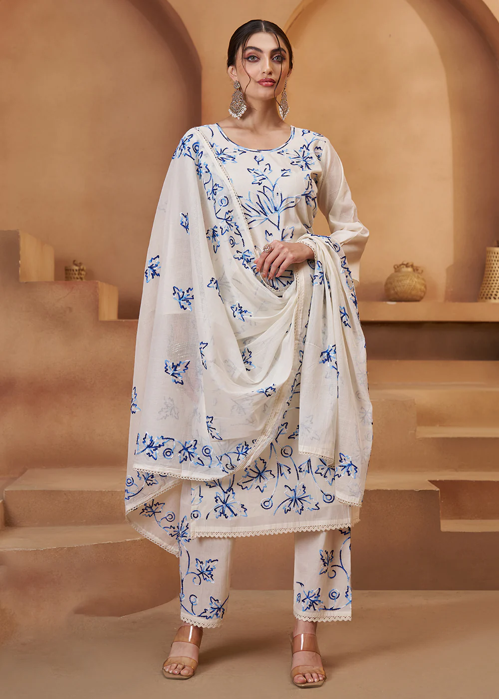 Pretty Off White Cotton Embroidered Pant Style Suit