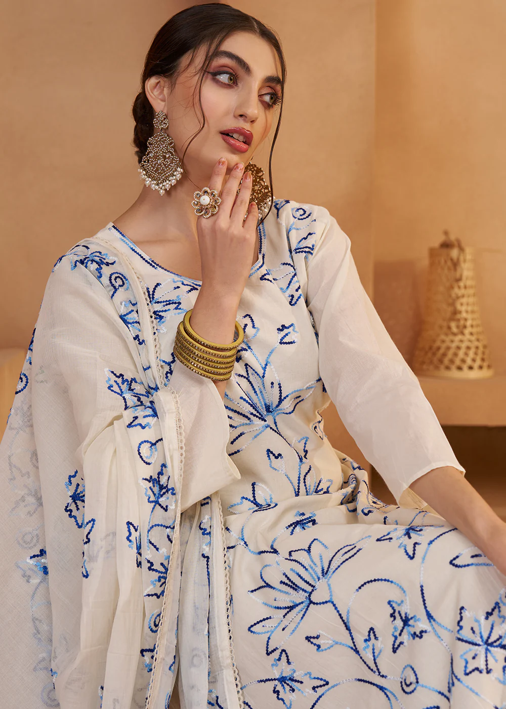Pretty Off White Cotton Embroidered Pant Style Suit - Image 2