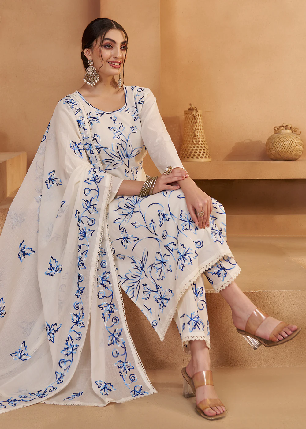 Pretty Off White Cotton Embroidered Pant Style Suit - Image 4