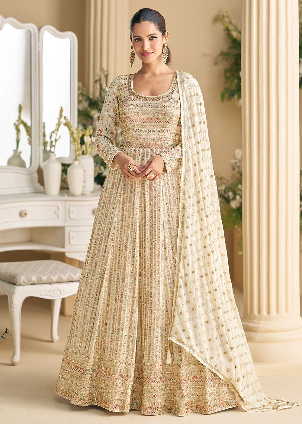 Pretty Off White Embroidered Georgette Anarkali Gown