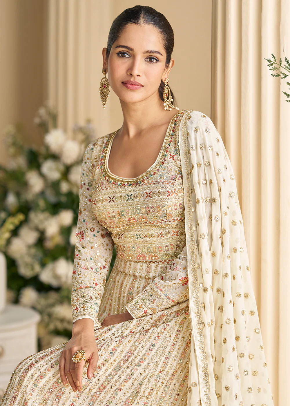 Pretty Off White Embroidered Georgette Anarkali Gown - Image 2