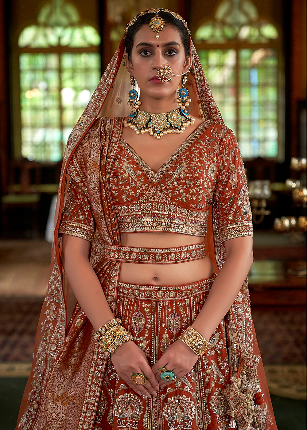 Pretty Orange Bridal Tone Silk Designer Lehenga Choli - Image 2