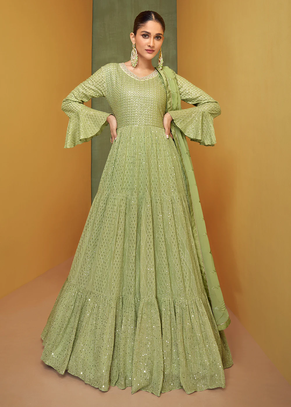 Pretty Pastel Green Wedding Embroidered Bridal Anarkali Gown