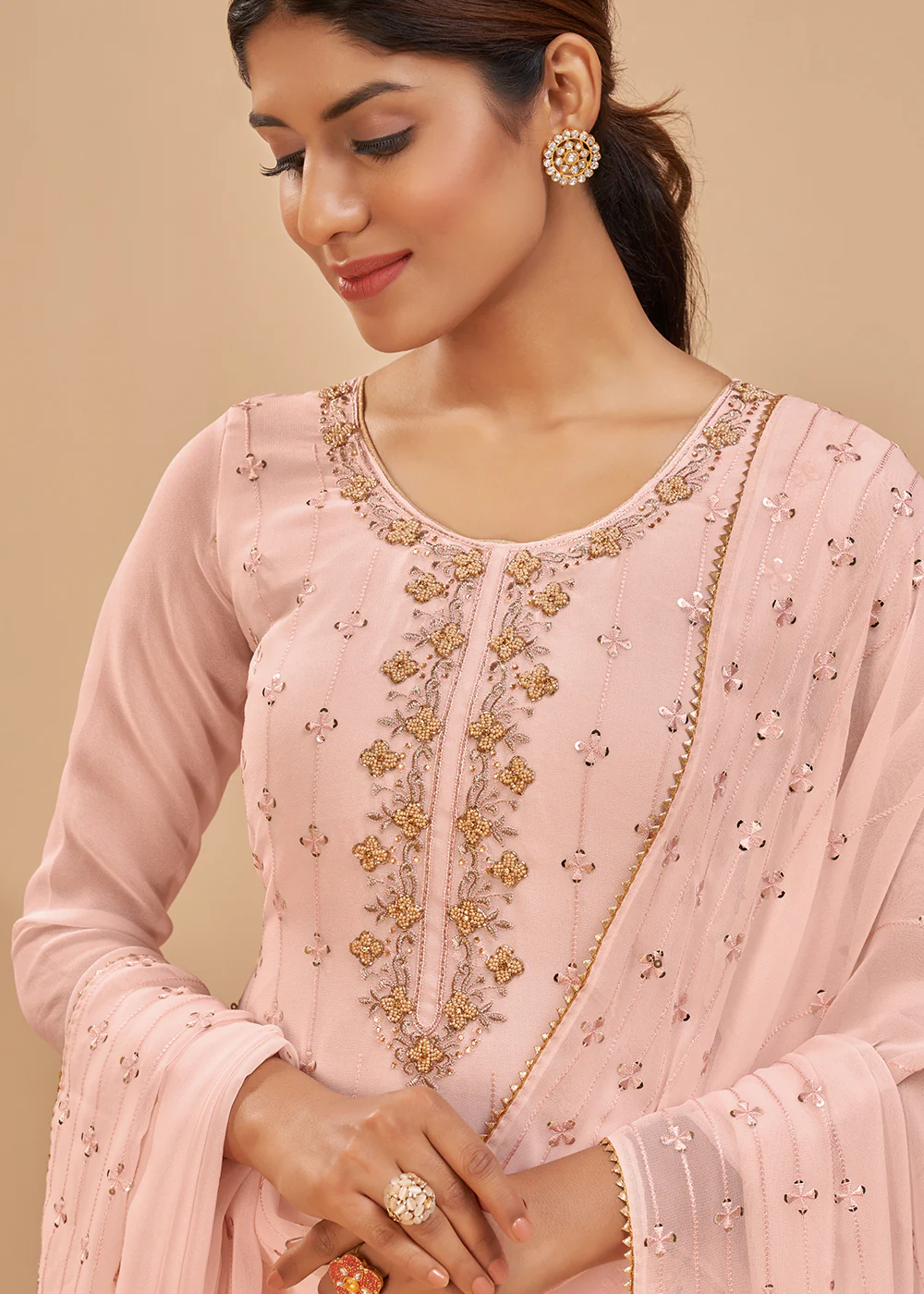 Pretty Peach Beautifully Embroidered Elegant Salwar Kameez - Image 3