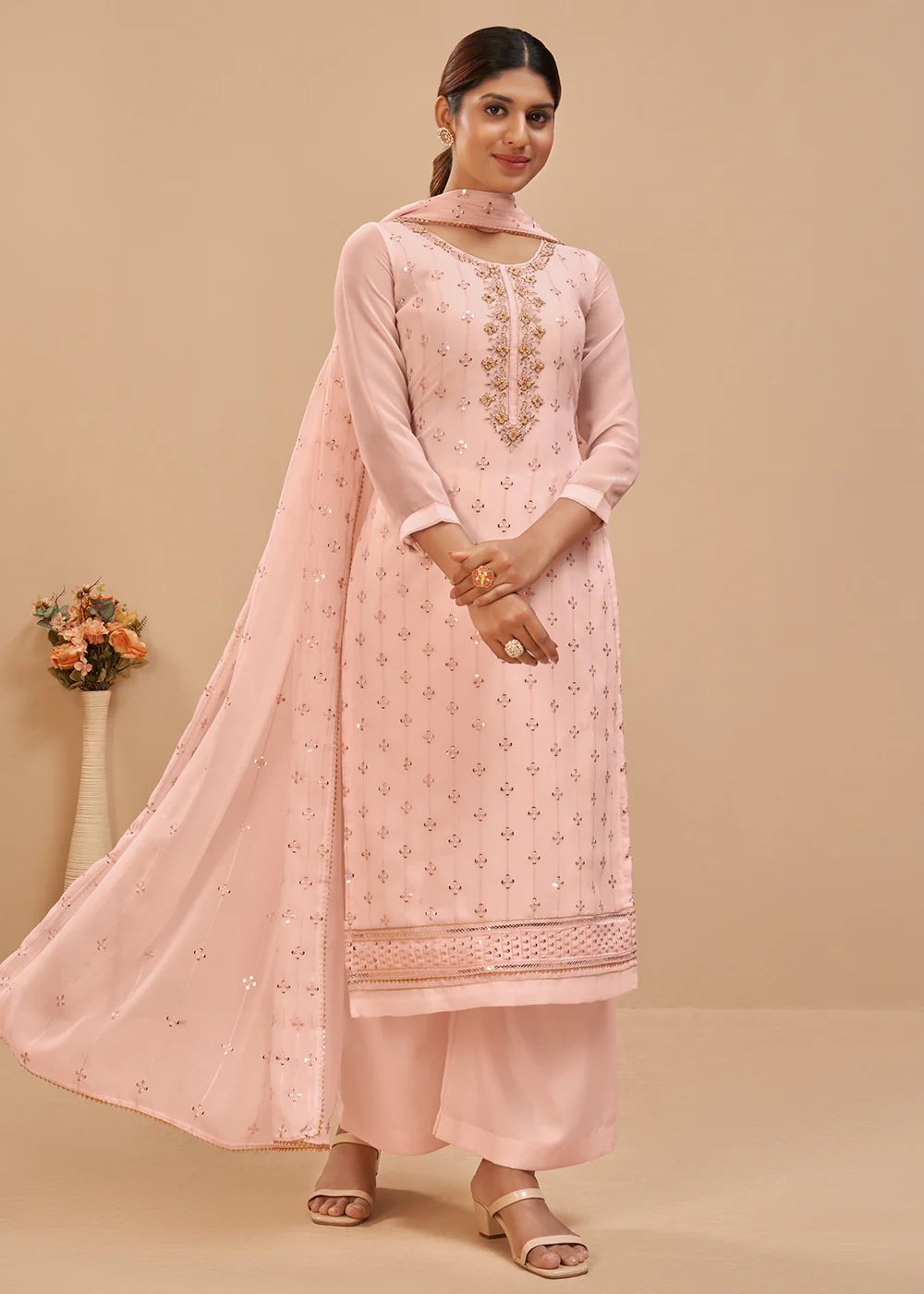 Pretty Peach Beautifully Embroidered Elegant Salwar Kameez - Image 5