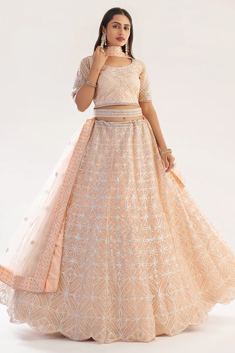 Pretty Peach Designer Bridal Heavy Embroidered Lehenga Choli