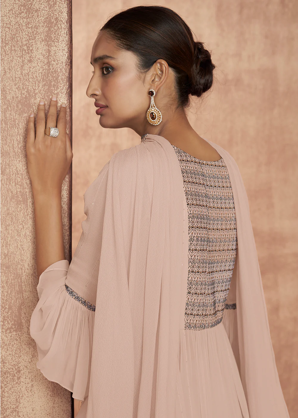 Pretty Peach Flared Party Georgette Gharara Style Suit - Image 4