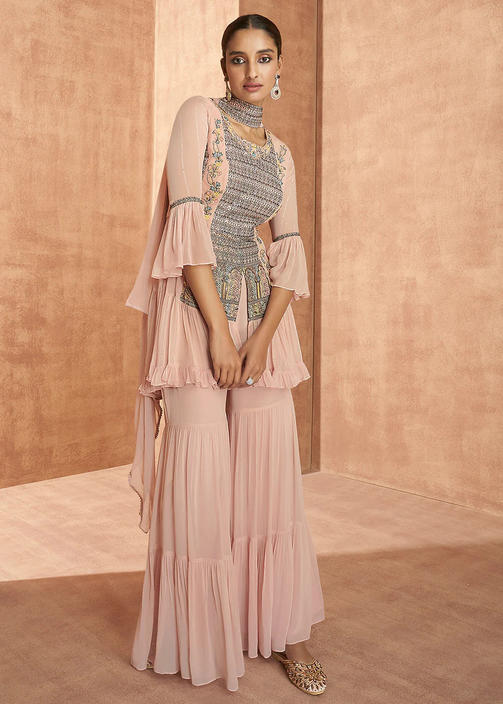 Pretty Peach Flared Party Georgette Gharara Style Suit - Image 5