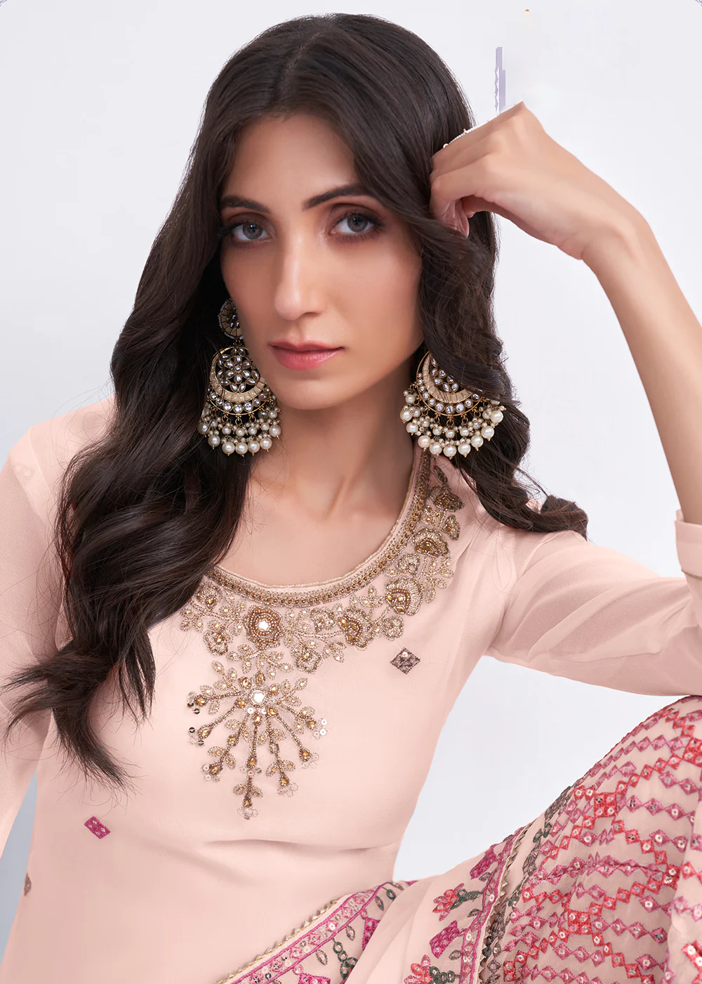 Pretty Peach Sequins & Multi Thread Work Designer Sharara Suit - Image 2