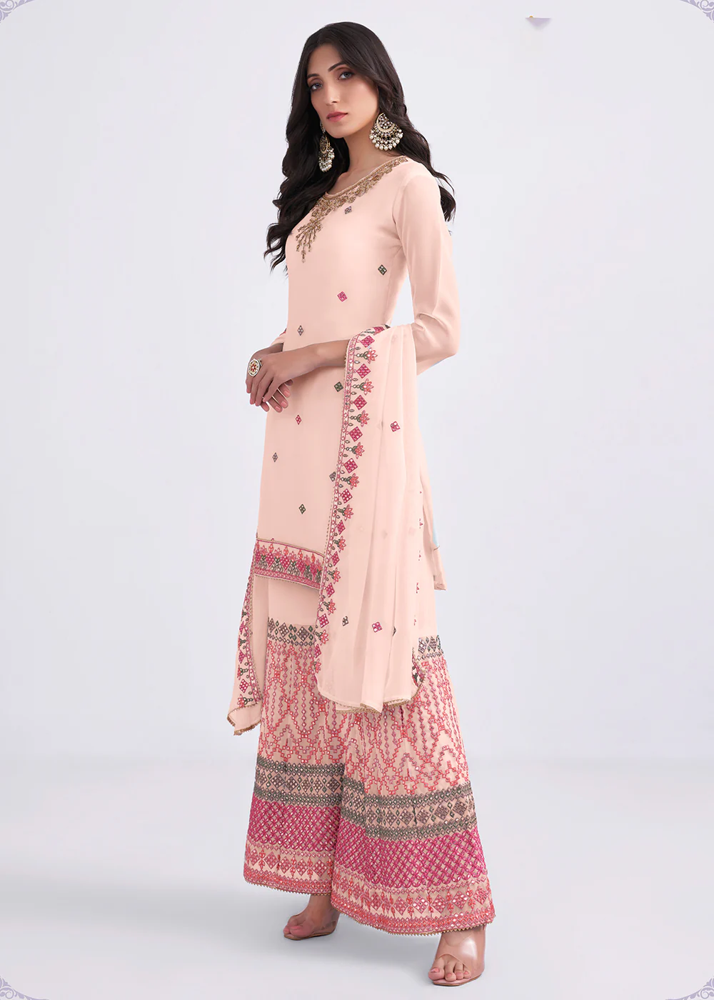 Pretty Peach Sequins & Multi Thread Work Designer Sharara Suit - Image 3