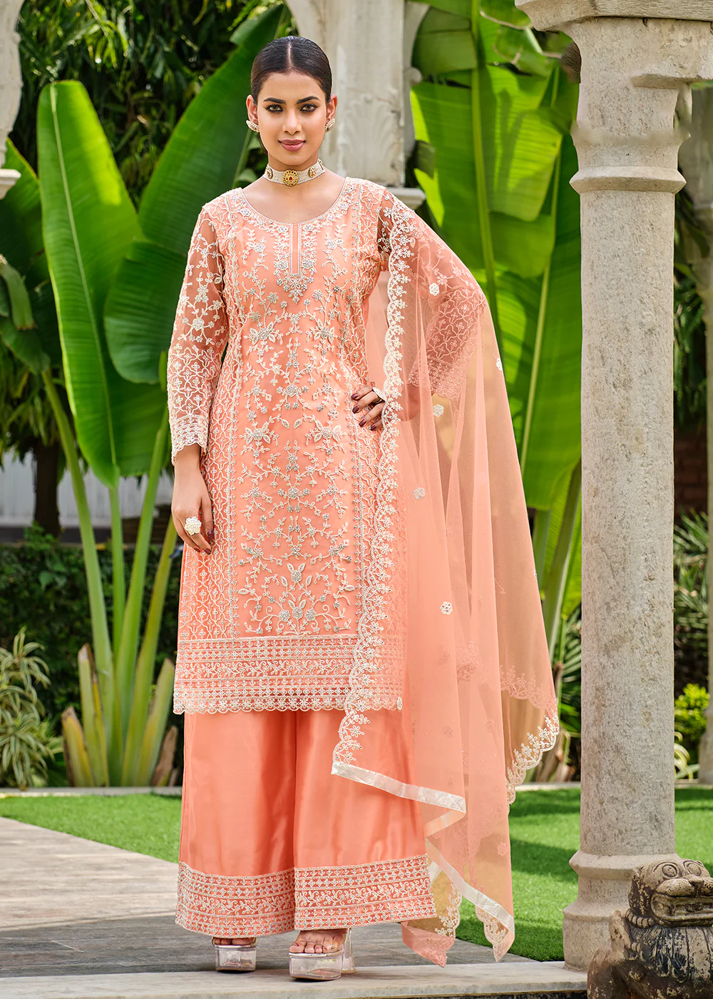 Pretty Peach Stone & Cording Work Festive Palazzo Suit