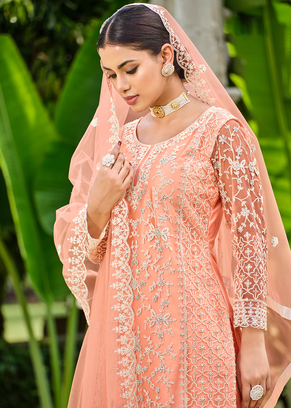 Pretty Peach Stone & Cording Work Festive Palazzo Suit - Image 2