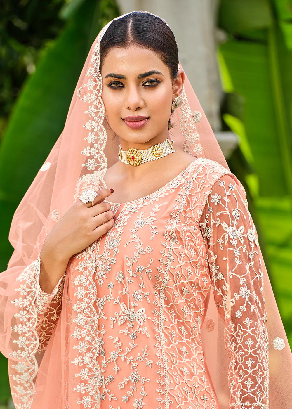 Pretty Peach Stone & Cording Work Festive Palazzo Suit - Image 3
