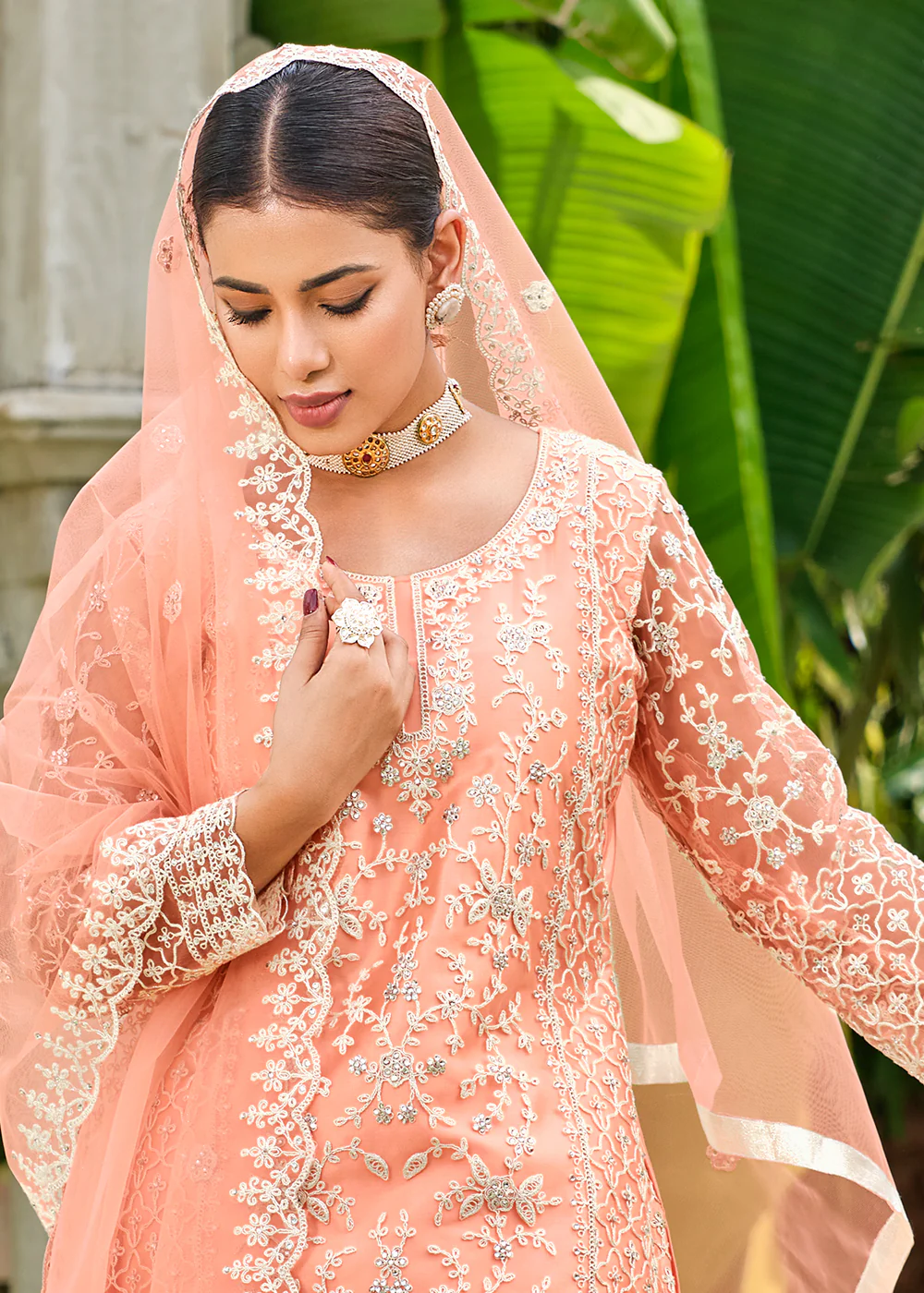 Pretty Peach Stone & Cording Work Festive Palazzo Suit - Image 4