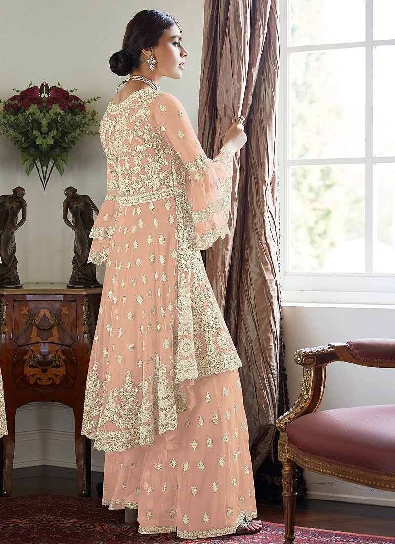 Pretty Peach Trendy Bell Sleeved Embroidered Sharara - Image 2