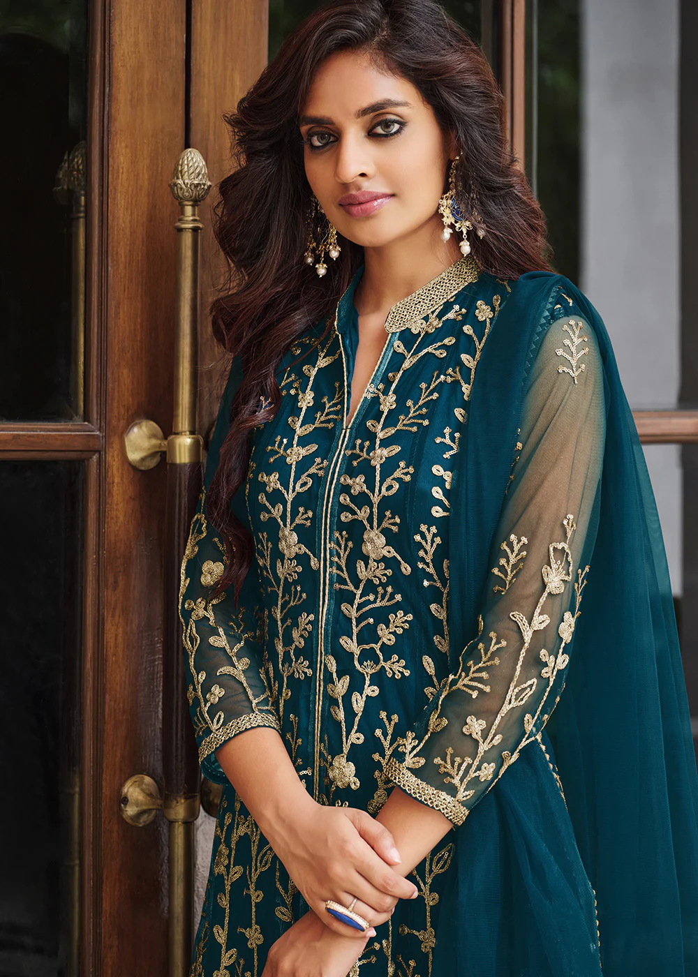 Pretty Peacock Blue Designer Front Slit Anarkali Dress - Image 2