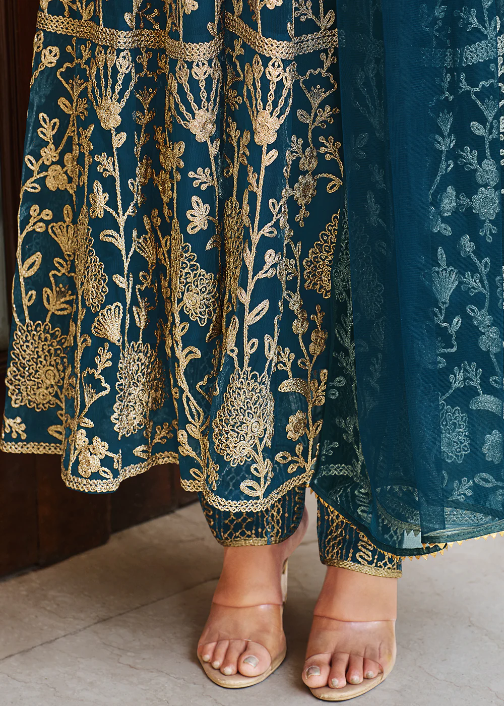 Pretty Peacock Blue Designer Front Slit Anarkali Dress - Image 3
