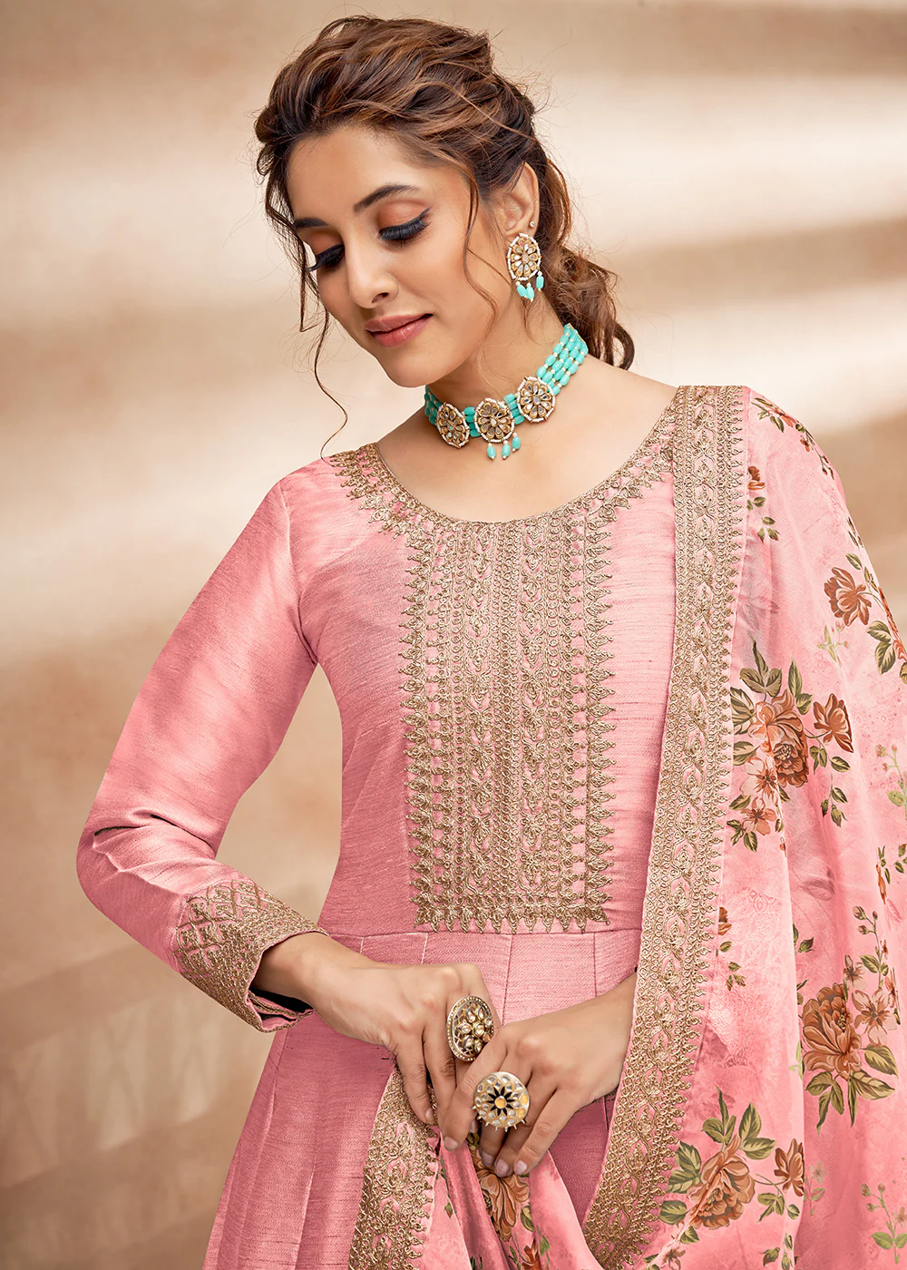Pretty Pink Art Silk Embellished Wedding & Party Wear Anarkali - Image 2