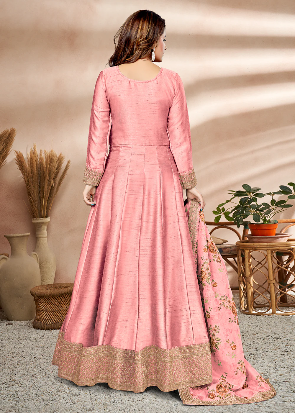 Pretty Pink Art Silk Embellished Wedding & Party Wear Anarkali - Image 3