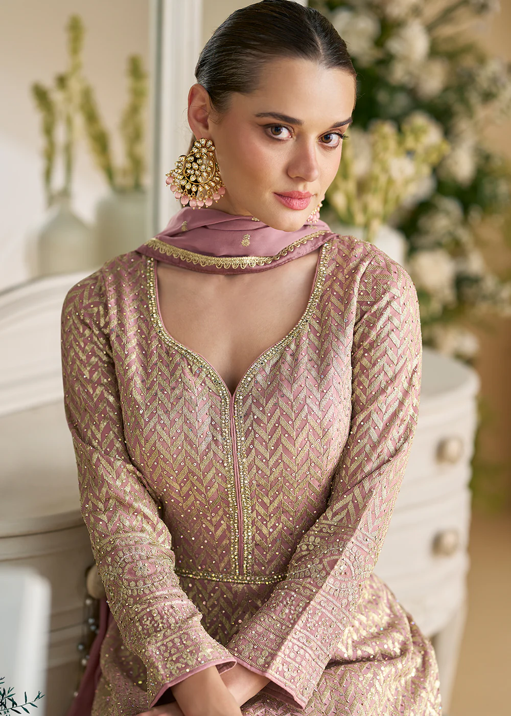 Pretty Pink Embroidered Georgette Anarkali Gown - Image 2