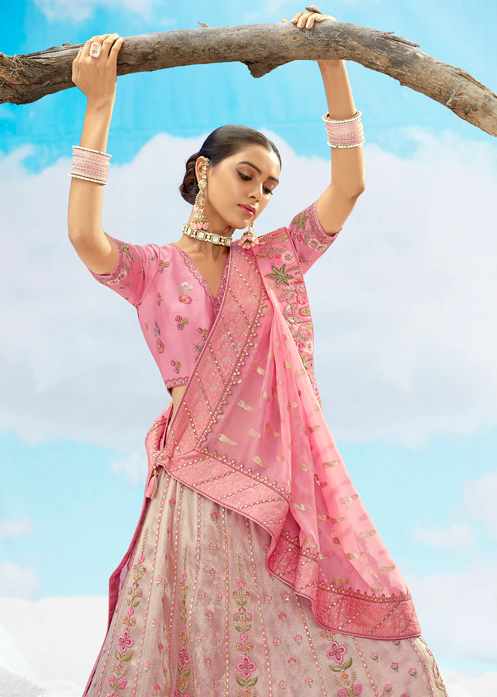 Pretty Pink Fancy Silk Heavy Embroidered Bridal Lehenga Choli - Image 2