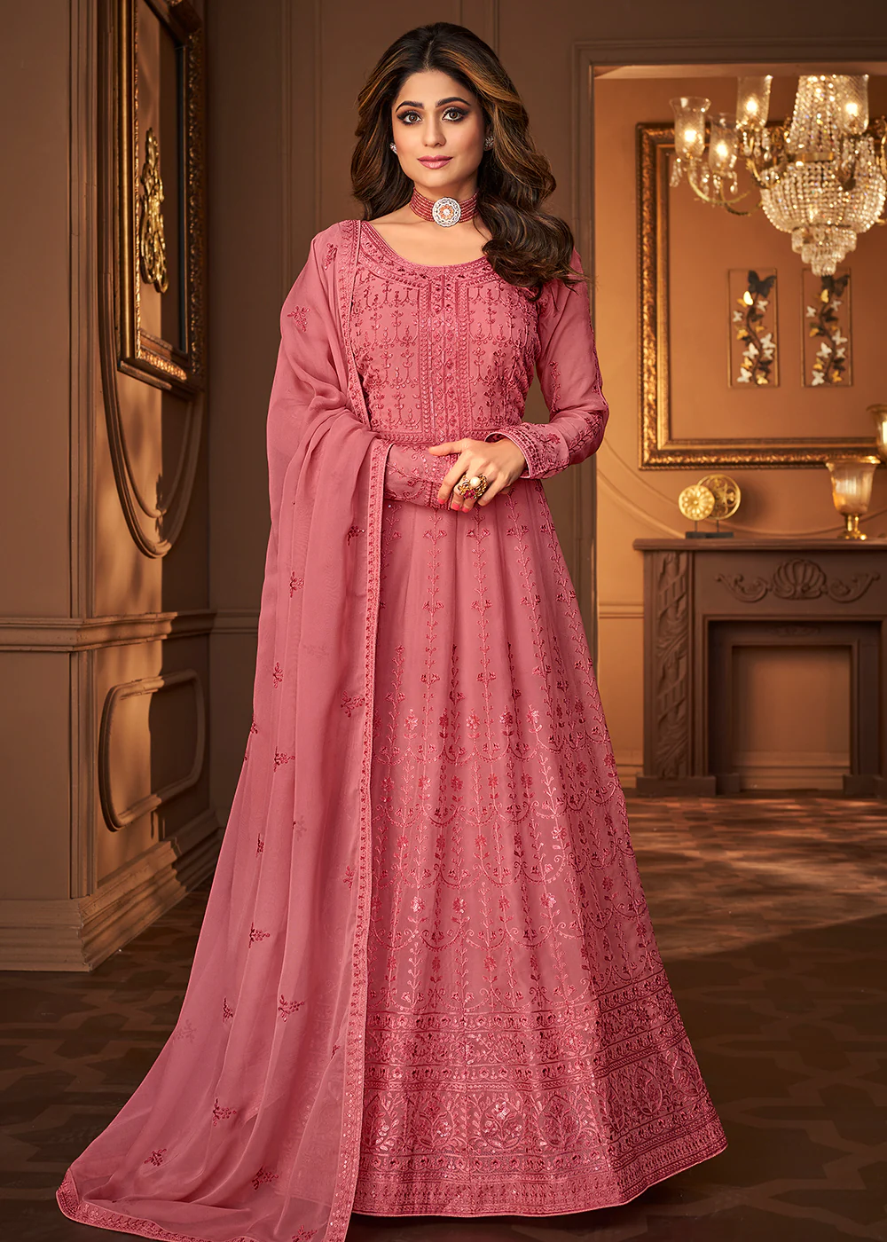 Pretty Pink Indian Embroidered Shamita Shetty Anarkali Suit