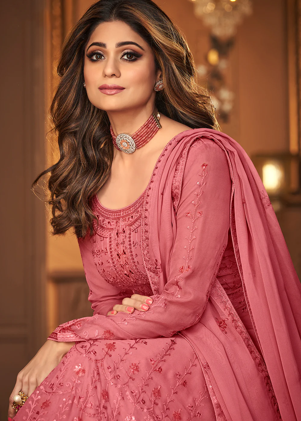 Pretty Pink Indian Embroidered Shamita Shetty Anarkali Suit - Image 3
