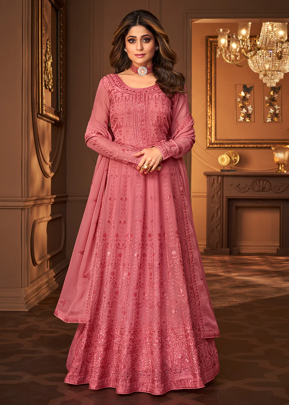 Pretty Pink Indian Embroidered Shamita Shetty Anarkali Suit - Image 4