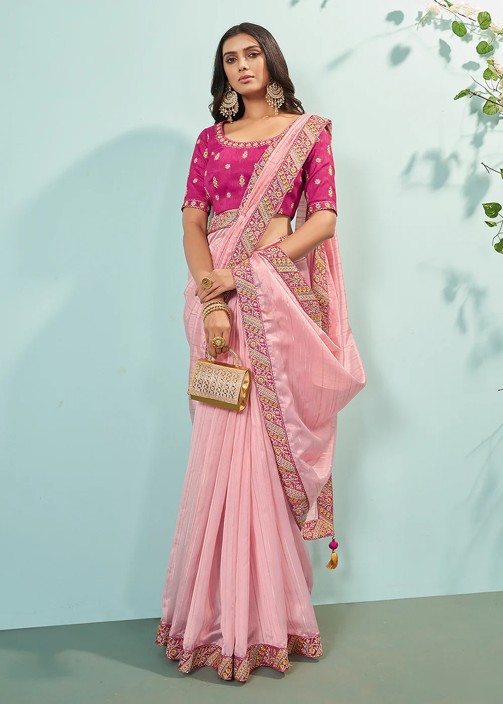 Pretty Pink Organza Embroidered Designer Saree