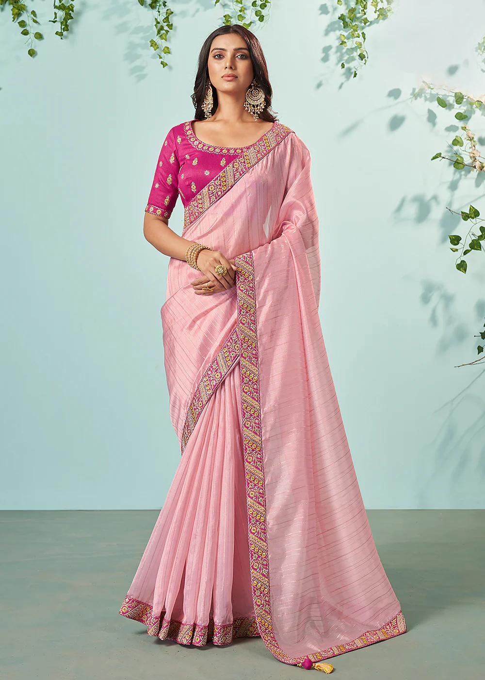 Pretty Pink Organza Embroidered Designer Saree - Image 3