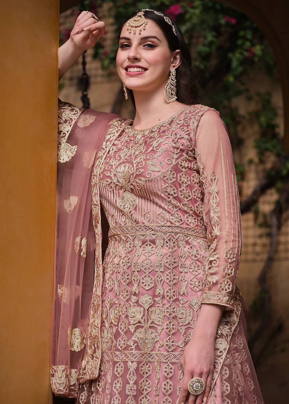 Pretty Pink Pure Butterfly Net Wedding Wear Anarkali Suit - Image 2