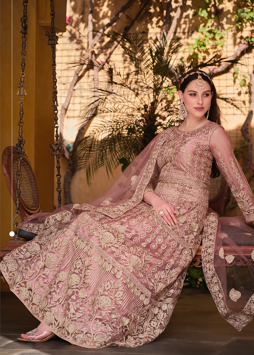 Pretty Pink Pure Butterfly Net Wedding Wear Anarkali Suit - Image 3