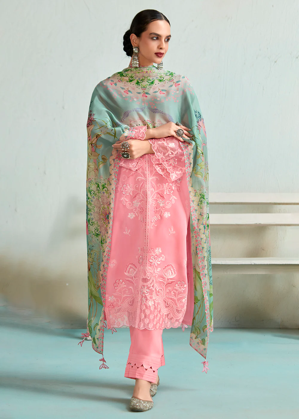 Pretty Pink Pure Muslin Resham Embroidered Salwar Suit - Image 3