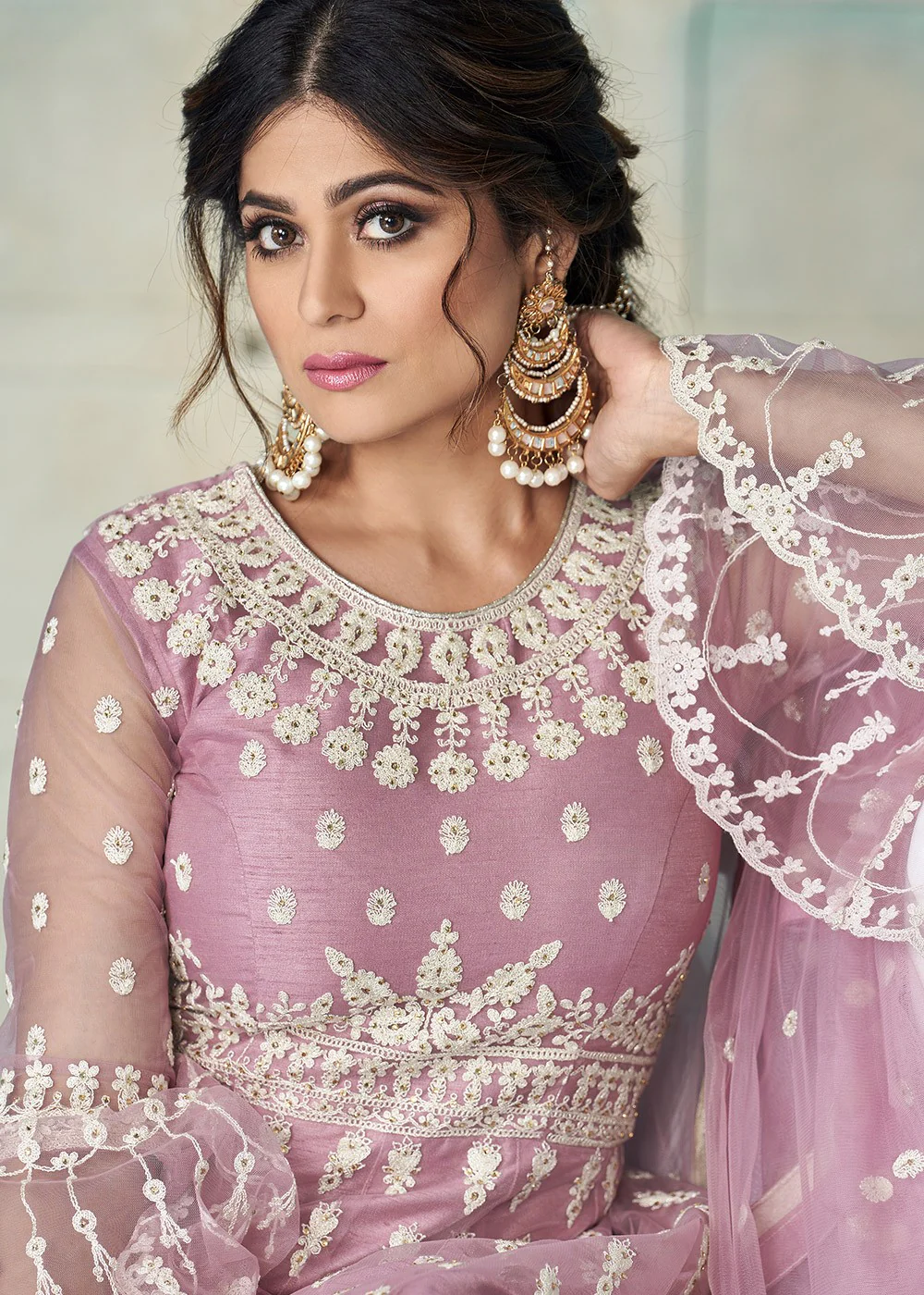 Pretty Pink Shamita Shetty Bell Sleeved Lehenga Style Sharara Suit - Image 2